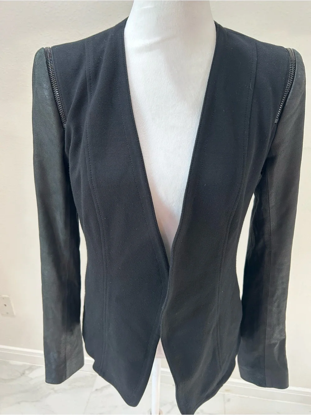Theory Yaisa Black Open-Front Blazer Jacket with Leather Sleeves